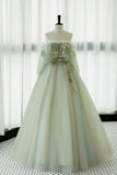 Light Green Off Shoulder Tulle with Lace Long Formal Dress, Light Green A-line Prom Dress HZ1024