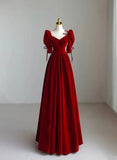 Beautiful Wine Red Long A-line Velvet Prom Dress, Long Evening Dress Party Dress HZ1024