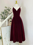Wine Red V Neck Tea Length Party Dress, Wine Red Velvet Wedding Party Dress HZ1024