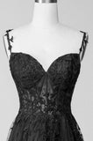 A-line Lace Straps Beaded Black Prom Dress Party Dress, Black Floor Length Formal Dress HZ1024