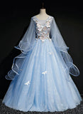 Light Blue Puffy Sleeves Tulle Ball Gown Party Dress, Sweet 16 Dresses Blue Formal Dresses HZ1024