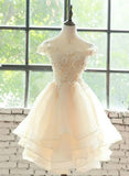 Light Champagne Organza with Lace Short Party Dress, Cute Champagne Homecoming Dress HZ1024