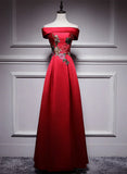 Red Simple Satin Off Shoulder Long Party Dress, A-line Floor Length Red Satin Prom Dress HZ1024