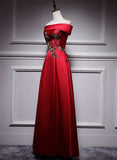 Red Simple Satin Off Shoulder Long Party Dress, A-line Floor Length Red Satin Prom Dress HZ1024
