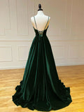 Dark Green A-line Velvet Long Party Dres, Lace-up Green Formal Dress Prom Dress HZ1024