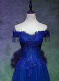Lovely Blue Tulle with Lace and Beadings Long Party Dress, Blue Long Formal Dress HZ1024