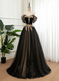 Black and Champagne Tulle Long Party Dress, Off Shoulder Formal Dress Prom Dress HZ1024