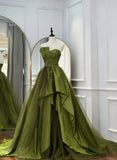 Green Satin and Tulle Long Formal Dress Party Dress, Green Ruffle Tiered Prom Dresses HZ1024