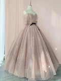 Pink Ball Gown Tulle Long Prom Dress ,Tulle Lace Short Sleeves Party Dress HZ1024