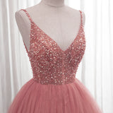 Pink V-neckline Sequins Straps Long Party Dress, Pink Floor Length Formal Dress HZ1024