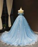 Blue Sweetheart Ball Gown Flowers Sweet 16 Dress, Blue Off Shoulder Wedding Party Dress HZ1024