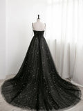 Blavk Sweetheart Straps A-line Long Tulle Prom Dress, Black Evening Party Dress HZ1024