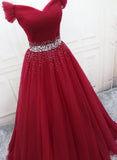 Wine Red Beaded Tulle Long Party Dress, Off Shoulder Wine Red Prom Dress HZ1024