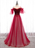 Dark Red Velvet and Tulle Party Dress, A-line Tulle Floor Length Wedding Party Dress HZ1024