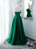 Simple Satin Green Long Evening Dress with Slit, Green A-line Prom Dress HZ1024