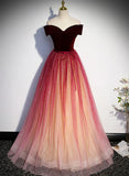 Wine Red Velvet and Tulle Off Shoulder Long Party Dress, Wine Red Junior Prom Dress HZ1024