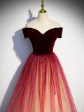 Wine Red Velvet and Tulle Off Shoulder Long Party Dress, Wine Red Junior Prom Dress HZ1024