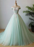 Light Green Flowers Beaded Off Shoulder Party Dress, Green Evening Prom Dress HZ1024