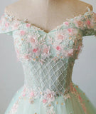 Light Green Flowers Beaded Off Shoulder Party Dress, Green Evening Prom Dress HZ1024