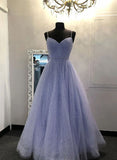 Blue Sweetheart Beaded Tulle Straps Party Dress, Blue Long Prom Dress HZ1024