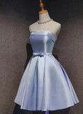 Blue Satin Knee Length Homecoming Dress, Blue Cute Short Party Dress HZ1024
