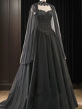 Black Sweetheart Tulle with Lace Long Sweet 16 Dress, Black Formal Dress with Cape HZ1024