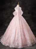 A-Line Pink Tulle Flowers Long Prom Dress, Beautiful Off the Shoulder Evening Party Dress HZ1024