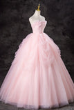 A-Line Pink Tulle Long Formal Gown, Pink Strapless Sweet 16 Princess Dress HZ1024