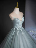 A-Line Scoop Neckline Tulle Floor Length Formal Dress with Lace, Elegant Evening Party Dress HZ1024