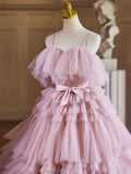 A-Line Spaghetti Strap Layers Tulle Long Party Dress, Pink Prom Dress Formal Gown HZ1024