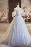 A-Line Tulle Floor Length Prom Dress, Off the Shoulder Blue Evening Party Dress HZ1024