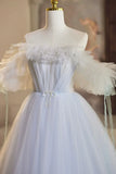 A-Line Tulle Floor Length Prom Dress, Off the Shoulder Blue Evening Party Dress HZ1024