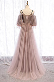 A-Line Tulle Long Prom Dresses, Lace Evening Dresses HZ1024