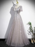 A-Line Tulle Sequins Floor Length Prom Dress, Beautiful Short Sleeve Party Dress HZ1024