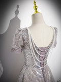 A-Line Tulle Sequins Floor Length Prom Dress, Beautiful Short Sleeve Party Dress HZ1024