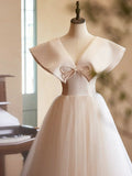 Beautiful Champagne Long Prom Dresses, A-Line Princess V-Neck Bow Sleeveless Backless Formal Dresses HZ1024