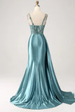 Mermaid V-Neck Satin Long Appliques Sequin Prom Dress With Slit HZ1024