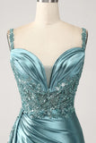 Mermaid V-Neck Satin Long Appliques Sequin Prom Dress With Slit HZ1024