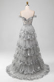 Off the Shoulder Grey Silver Sparkly Tiered Prom Dress with Slit HZ1024
