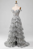 Off the Shoulder Grey Silver Sparkly Tiered Prom Dress with Slit HZ1024