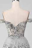 Off the Shoulder Grey Silver Sparkly Tiered Prom Dress with Slit HZ1024