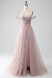 Off the Shoulder A Line Beaded Prom Dress with Slit HZ1024