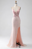 Glitter Pink Beaded Mermaid Prom Dress with Slit HZ1024