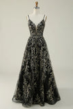 Black Golden Spaghetti Straps Long Prom Dress HZ1024