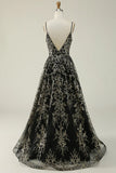 Black Golden Spaghetti Straps Long Prom Dress HZ1024
