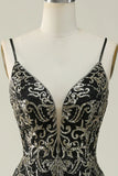Black Golden Spaghetti Straps Long Prom Dress HZ1024
