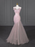 Spaghetti Strap Pink Beaded Mermaid Long Dress HZ1024