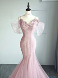Spaghetti Strap Pink Beaded Mermaid Long Dress HZ1024