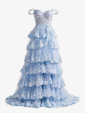 Blue Crystal Sequins Princess A Line Off the Shoulder Prom Dress with Lace Ruffles HZ1024