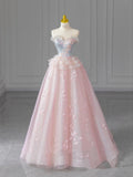 Pink Sweetheart A-Line Heart Neck Strapless Tulle Long Evening Dresses HZ1024